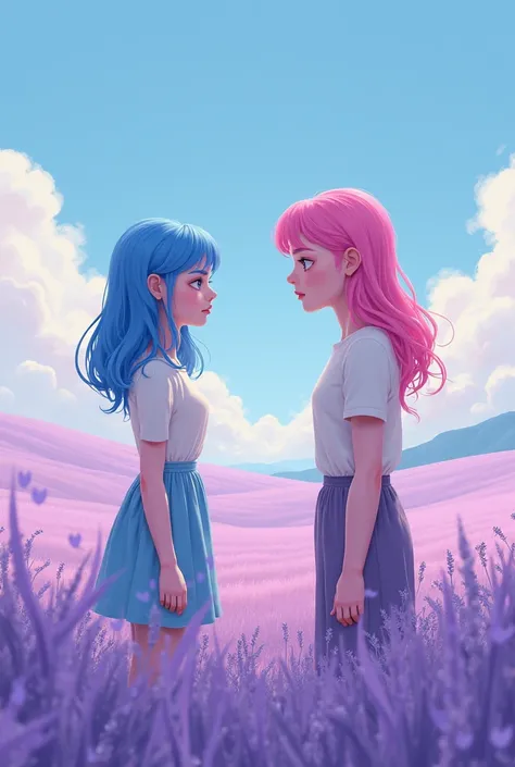 A 28-year-old female character faces a blue-pink haired  wearing blue contact lenses walking in a lavender field 4K cartoon.