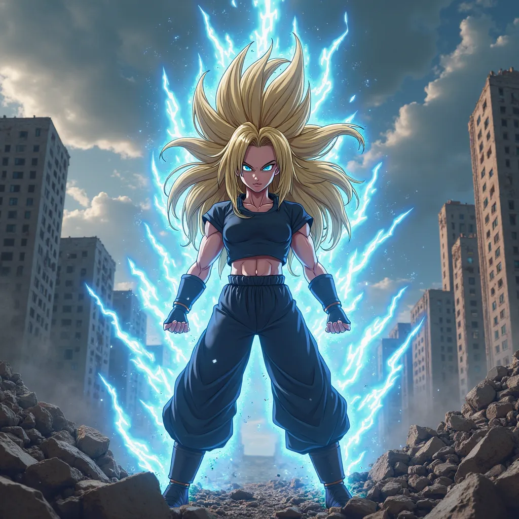 Woman in black shirt and black pants in Super Saiyan 2 with yellow hair and blue rays and yellow aura setting destroyed city 
Dragon Ball style ( Make the traits of Marvel )