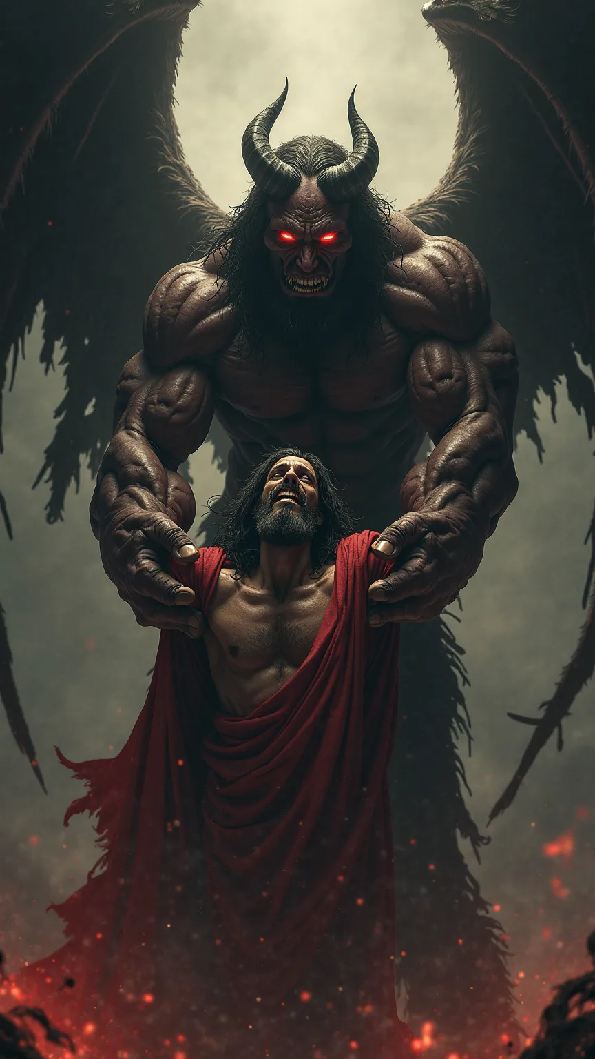 a massive, muscular demon with black, tattered wings and glowing red eyes,gripping a frail and weakened jesus by the robe,with a cruel smirk,hurling him,dark fantasy,horror,dramatic lighting,apocalyptic,cinematic,high contrast,moody,gritty,digital painting...