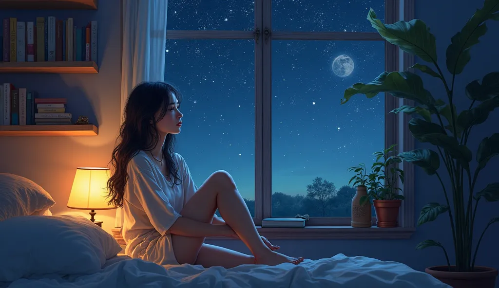 Nighttime: Her room lit by a small lamp, with a starry sky outside, creating a dreamy and imaginative mood