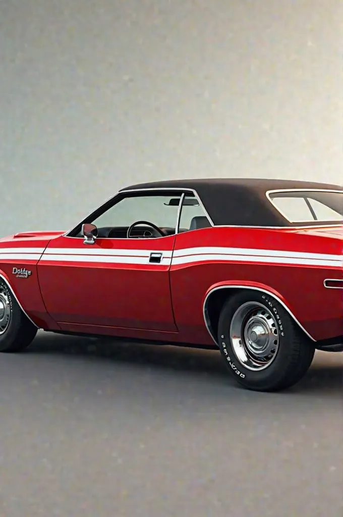 A 1970 Dodge Challenger red with its original white farms. Let your trunk be seen in a straight line. Neither too close nor too high.