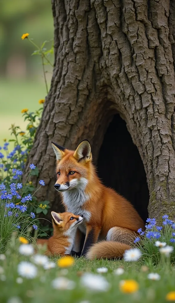 Mama, a fox and a fox next to her burrow, located under an oak tree with a thick and medium-dry trunk , Above the burrow, daisies and blue flowers grow, very affectionate attitude of the mother with the calf even though the  bites her tail on her tail phot...