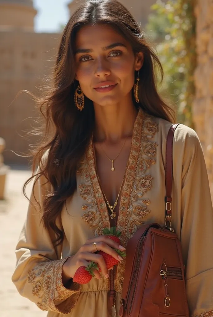 A 5 seconds video A stunning Egyptian girl from Upper Egypt with warm brown skin and deep, expressive eyes. She wears a stylish bag from the local brand Cocan, elegantly draped over her shoulder. She holds a ripe, red strawberry delicately in her hand, wit...