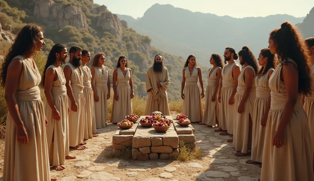 Primitive religious sacrifice ceremony with Minoan priests and priestesses from the island of Crete, in the 6th century BC, in front of an altar adorned with flowers and fruits in bronze bowls, the priests wear simple robes made of sheepskin, cinematic, ul...