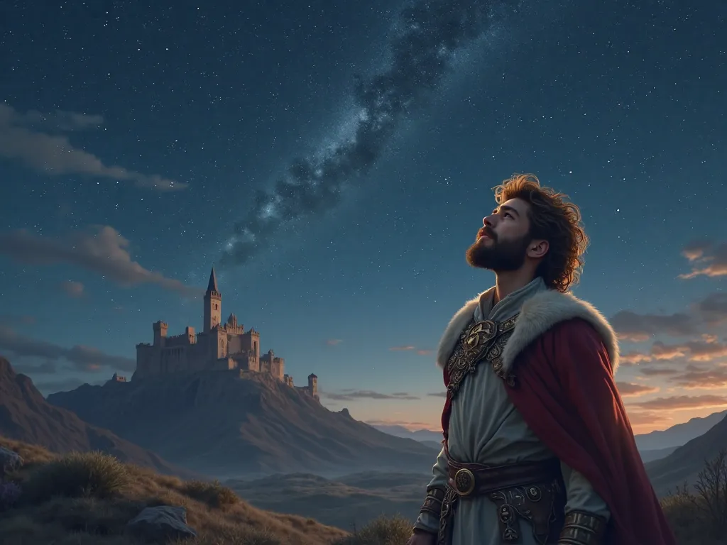 Young king with brown hair and beard looking at the starry sky realistic medieval style  