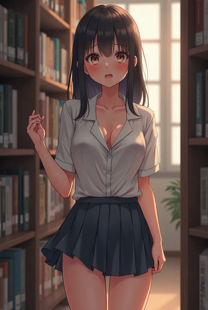 { 1 japanese asian girl, at school library, (bouncing hair and breasts) }, { (asian, japanese, dark brown eyes),(blushed:1.),(embarrassed:1.2),(eyes rolled up:0),(orgasm:1.2),open mouth,(turn head away:0), (oily glossy skin), ((slender body)),(big breasts:...