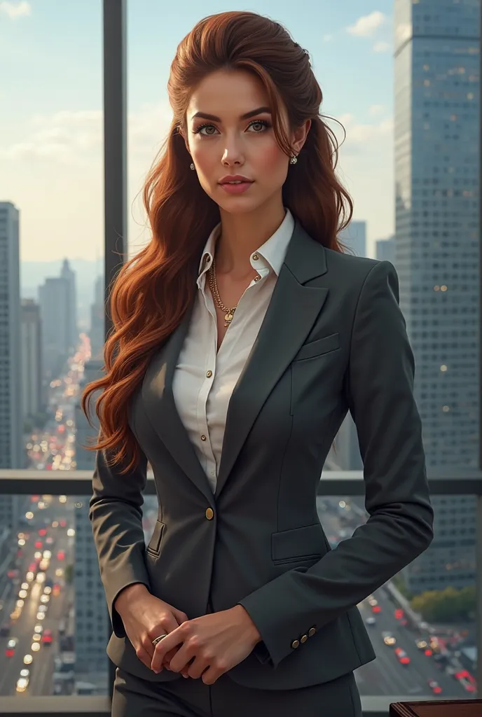 Give me an image of a 25-year-old female lawyer with long hair 