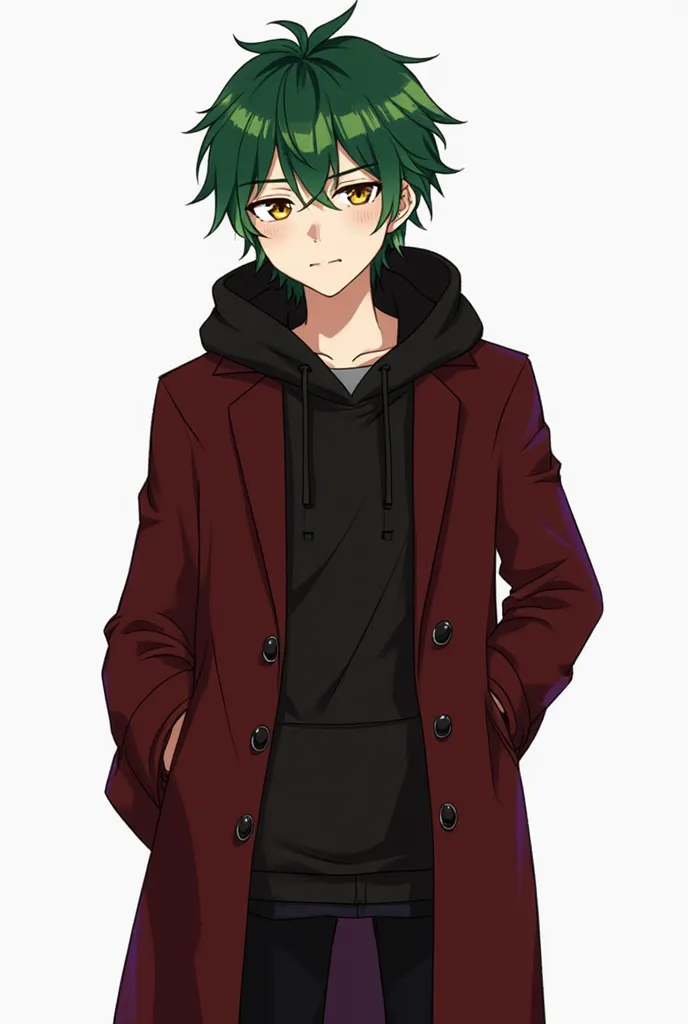 Make it anime style: A boy with green hair, the roots of your hair are dark green and gradually turn light green at the ends. You have expressive golden eyes. Wear stylish clothes, a burgundy red overcoat with black buttons and a black hoodie and matching ...