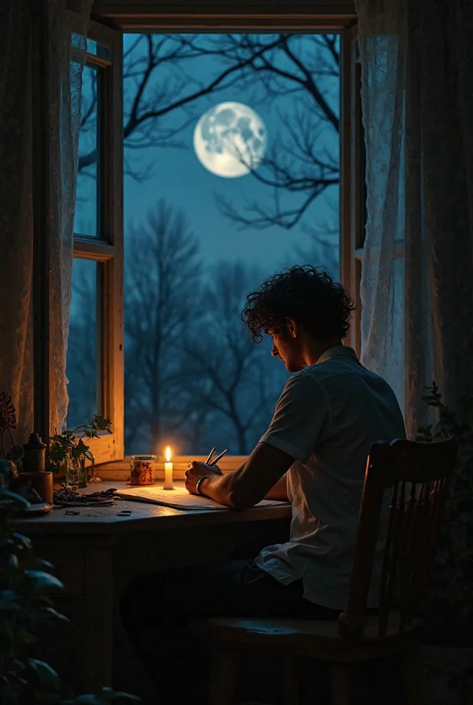 He sat on his wooden chair near an open window, from which the cold night breezes sneak in, mess with his tangled hair like tree branches in the wind. His eyes are overwhelmed by the moonlight, as if they were looking for a lost answer between the stars of...