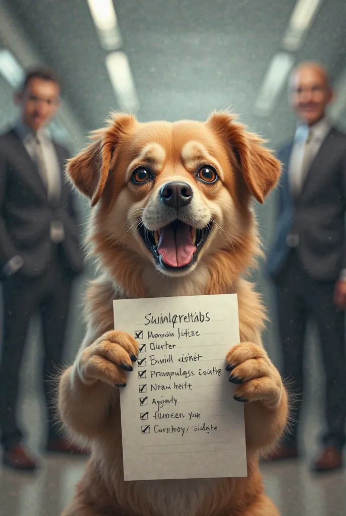 A picture of a dog with a list written on which the social person loves his work is fluent in a set of IDs written in English and the dog is expelled from a large company in a humiliating manner