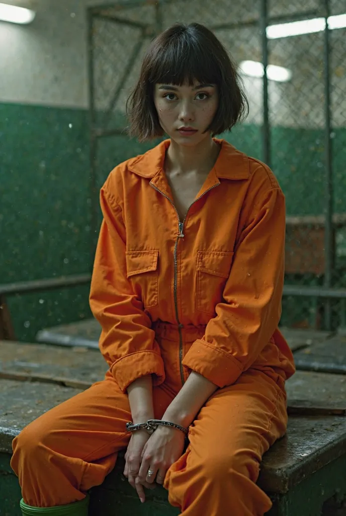 A French punk girl, with short hair and fringe haircut, handcuffed on a prison bunk. A police woman in leather is arresting her. She's wearing a zipped  orange prison jumpsuit, green Hunter rubber boots. Fullbody veiw