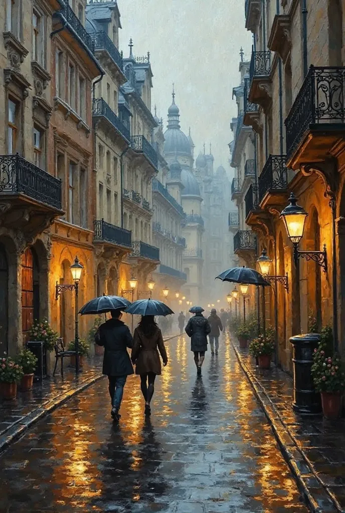  An old European street in the rain**:  
   Streetlights reflecting on the wet pavement, with details in the architecture of the buildings and illuminated windows by oil painting 