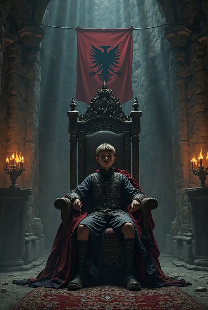 Create an image in which there is a boy sitting on a throne immersed in the darkness of a castle illuminated only by a few torches and above the throne there is a black bandana and an Albanian flag