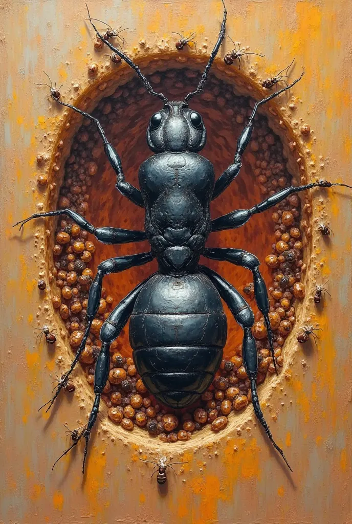 I draw a painting of a large ant surrounded by ants in the middle of their cell. The picture is painted and I want clear details that are not accurate and I want them to be mixed between the two pictures 