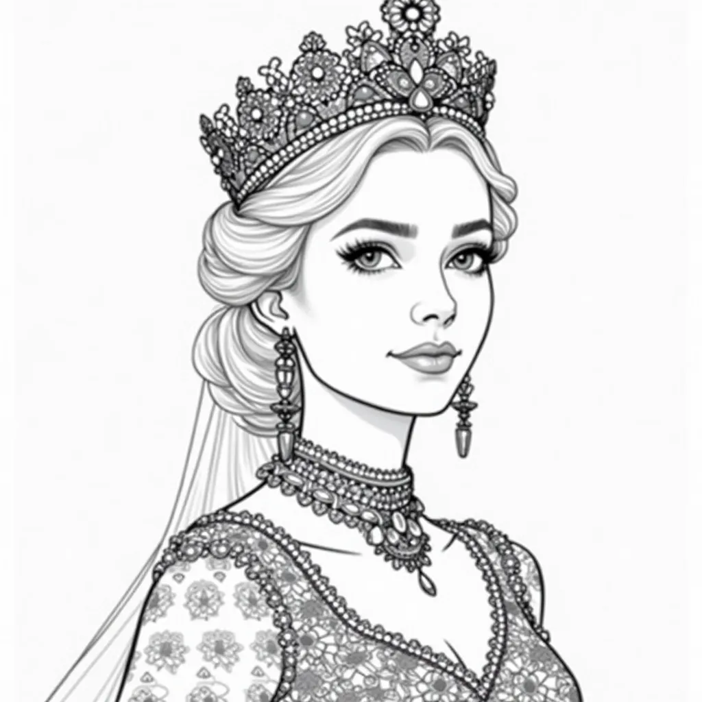 Create a highly detailed black-and-white line art illustration of a regal woman wearing an intricately designed crown adorned with jewels, filigree, and delicate ornamental details. Her expression is confident and poised, with captivating eyes and elegant ...