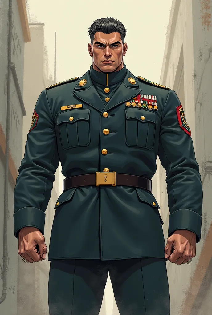 a minimally strong military man,wearing a large outfit , short black hair,  realistic anime style