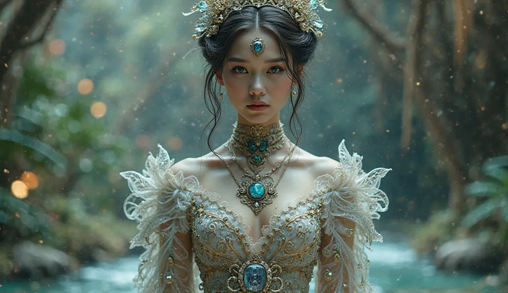 A woman donning an exquisitely delicate gown, seemingly woven by spiders, dyed with rare hues from shells and precious minerals, complemented by symbolic jewelry."