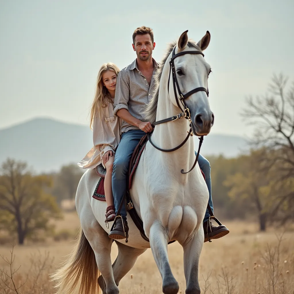 a stylish 35-year-old man taking full and clear close-up pictures with his beautiful 17-year-old daughter. looking at the viewer with "A clear picture of the face" They ride an authentic white Arabian horse. This horse is raising its front legs,  full pict...