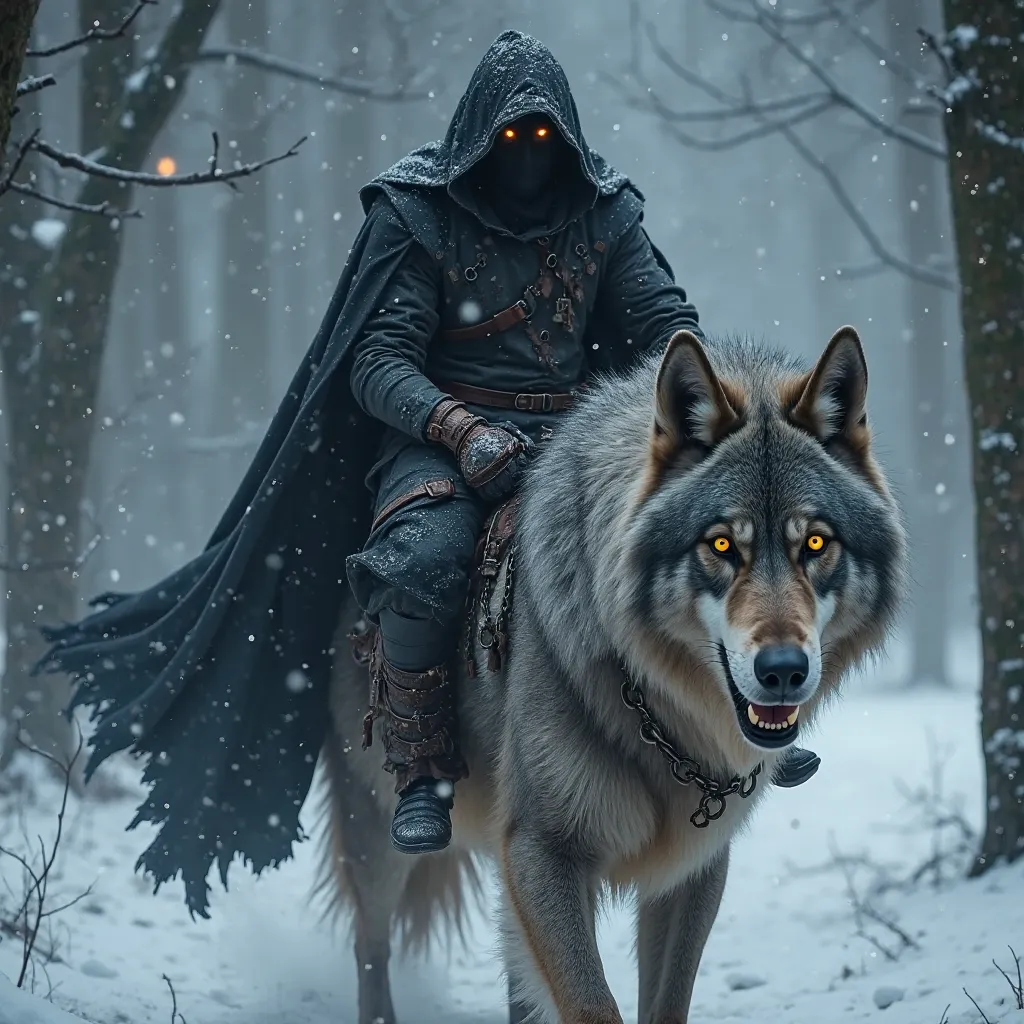 A dark, mysterious figure wearing a tattered black cloak and hood, with glowing orange eyes visible beneath the shadowed mask. The figure rides a massive, fearsome wolf with thick gray fur, also with glowing orange eyes. They move through a snowy, enchante...