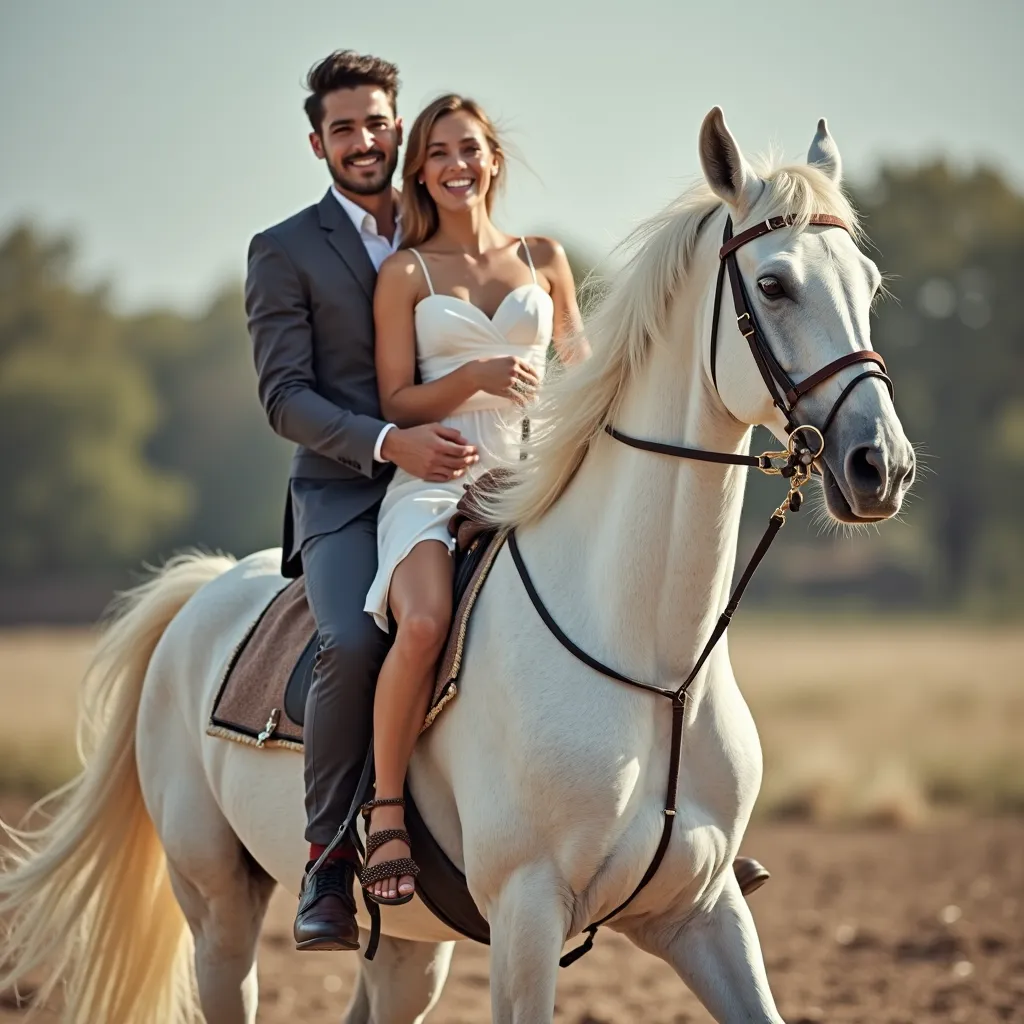 A handsome and elegant young man takes full and clear close-up pictures with a beautiful girl.They look at the viewer with "A clear picture of the face" They ride an authentic white Arabian horse. This horse is raising its front legs,  full picture