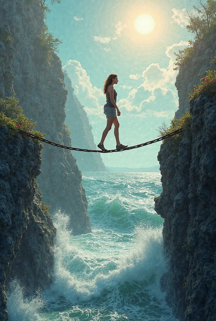 A person walks on a tightrope stretched between two cliffs. below, a raging sea threatens to engulf her, but above , a bright sun illuminates the path. Her face shows determination, because she is prepared for the worst, but focused on the best.