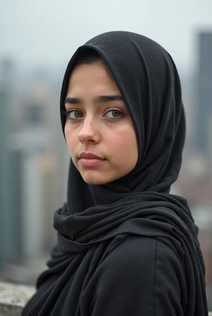 Girl in hijab, high resolution, photorealistic portrait, beautiful facial features, calm expression, stands against a blurred cityscape, 4K, highly detailed, professional, excellent, HDR