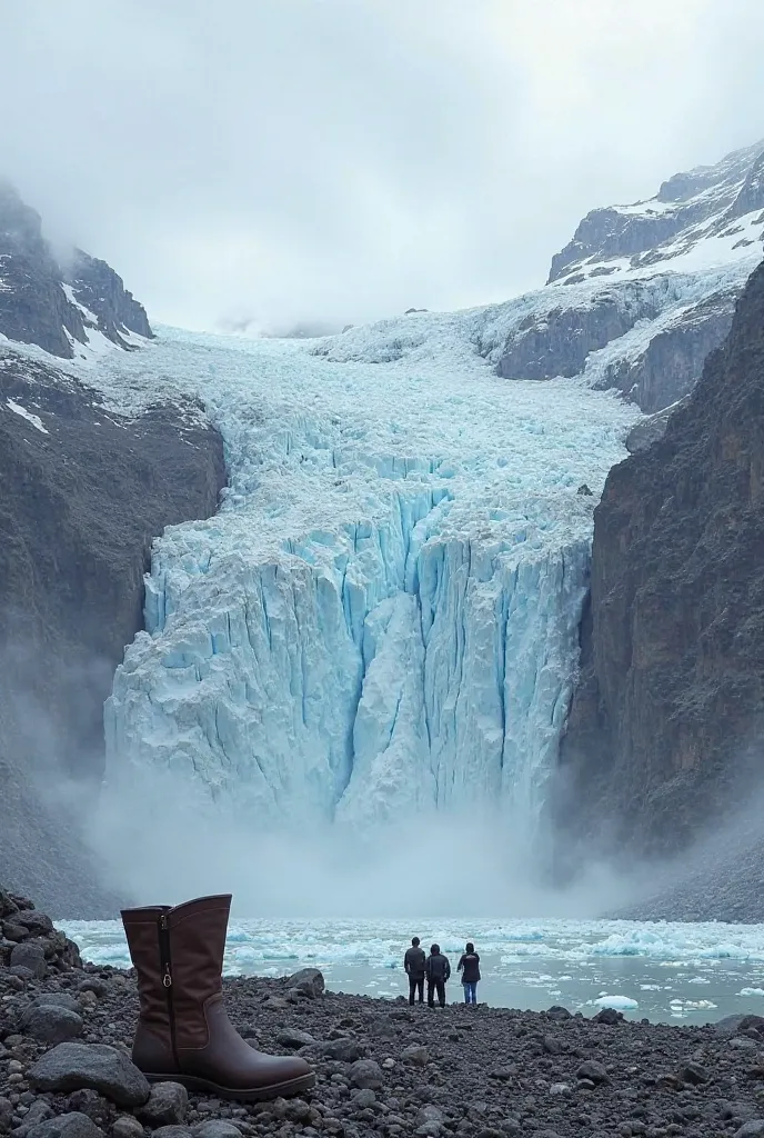 

"A massive glacier-covered mountain with a large, slowly advancing section of ice sliding down, not yet completely melted. The glacier appears to be cracking and shifting. At the base of the glacier, a group of people is standing near a boot, observing t...