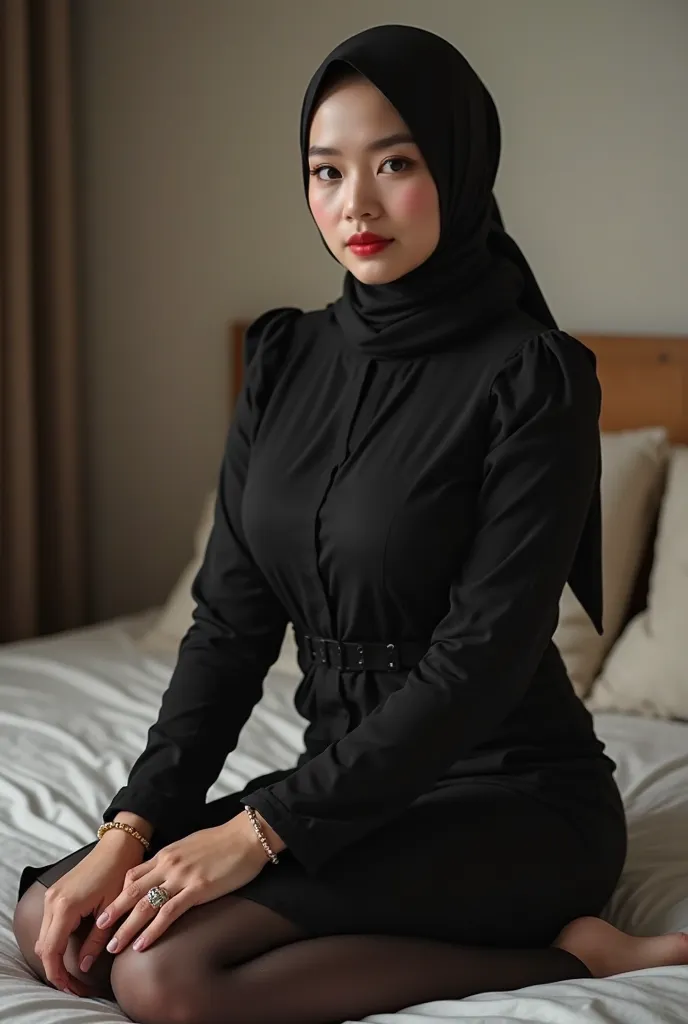 8K, high quality, nice lighting, soft lighting, realistic, dark eyes, sexy, big natural breasts, thighs, wide hips, muscular, malaysia, black dress, long sleeves, Jewelry, sexy lady, asian, hijab, niqab, sexy pose, sit on bed, showing big thighs, nice body...