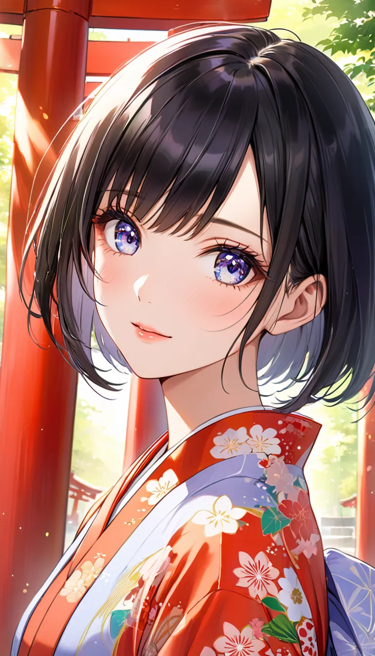 (Extreme close-up, Face-focused portrait)A beautiful Japanese woman with a perfect face, short black hair, and beautiful eyes, standing gracefully amidst the vibrant red torii gates of Fushimi Inari Shrine in Kyoto, Japan. She wears a delicate pastel yukat...