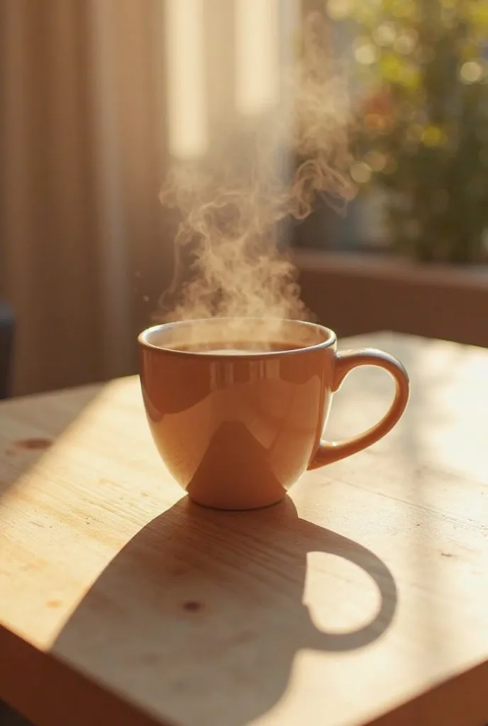 A mug of coffee on the aesthetic table wiyh sun kiss