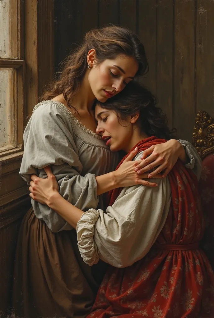 Renaissance-style painting of a  comforting a sad adult 