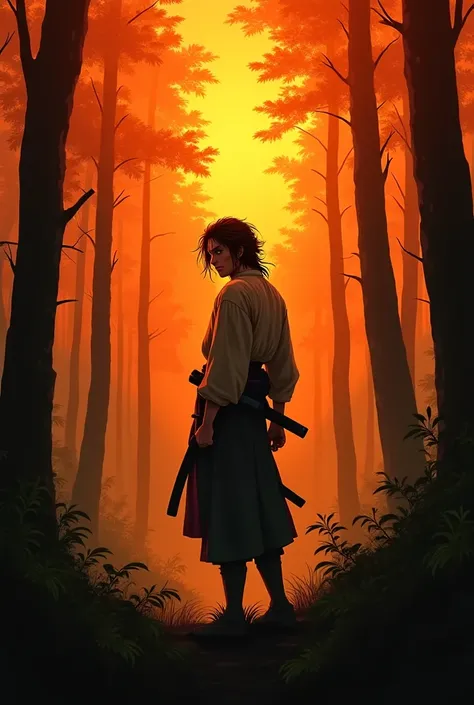 The scene begins with an orange sky at dawn, with a light mist covering a dense Japanese forest. Amidst the trees stands Musashi—a tall man with unkempt, flowing hair and slightly tattered clothes from countless battles. His eyes shine with unwavering dete...