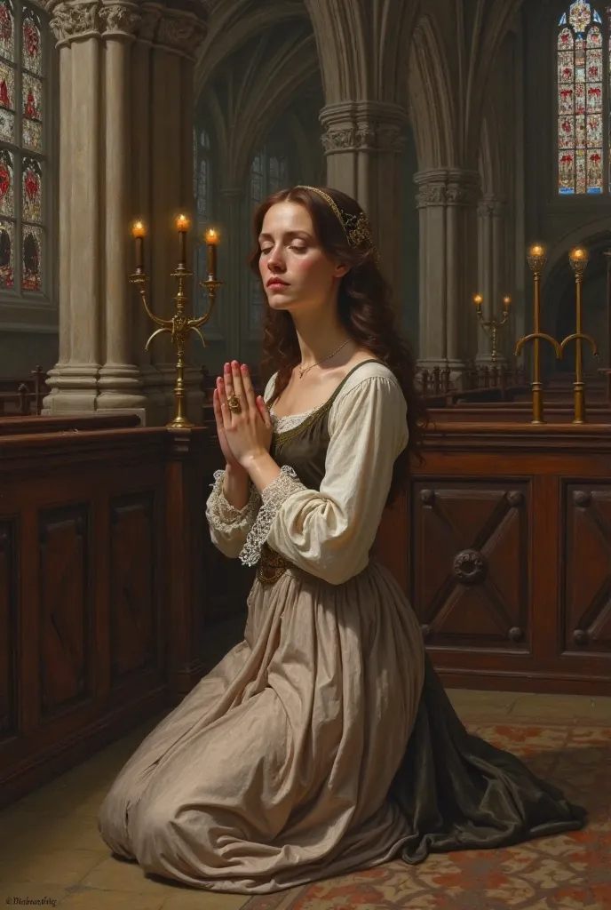 Renaissance painting of a woman weeping in a church