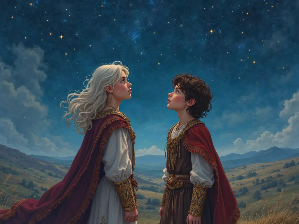 Two brown-haired white-haired young princes of the kingdom looking at starry sky medieval realistic style  