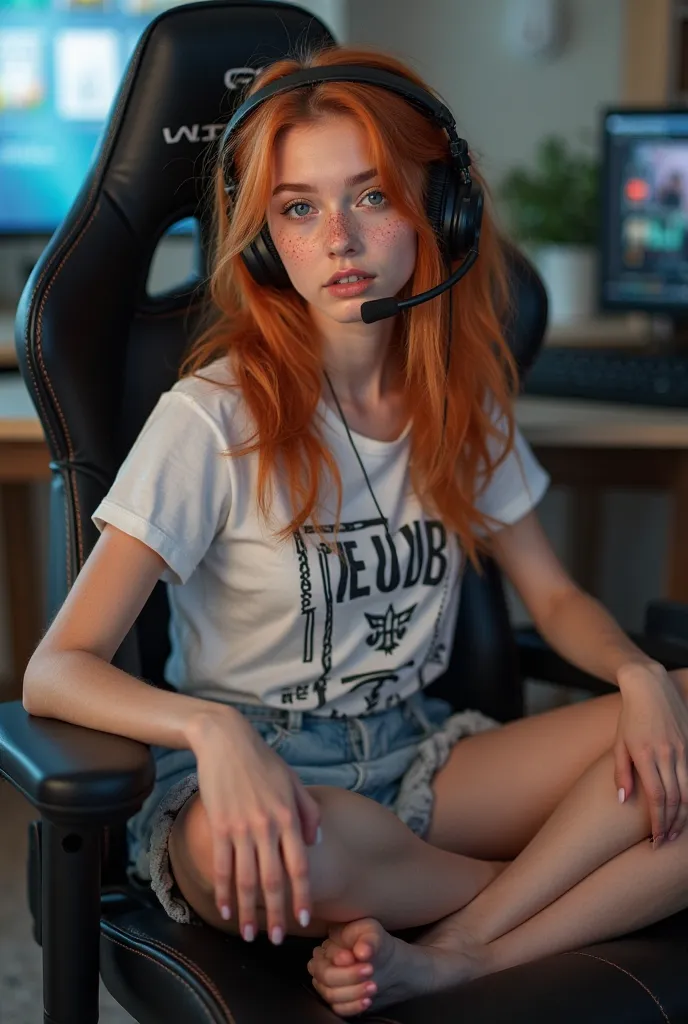  Very pretty Ukrainian girl ,ginger, freckled, Blue-eyed ,2. wearing a T-shirt and a short skirt.. ( while she's sitting in her gaming chair , cross-legged)  while using a gaming headset with microphone.  Let it be for a social media photo . in your room.