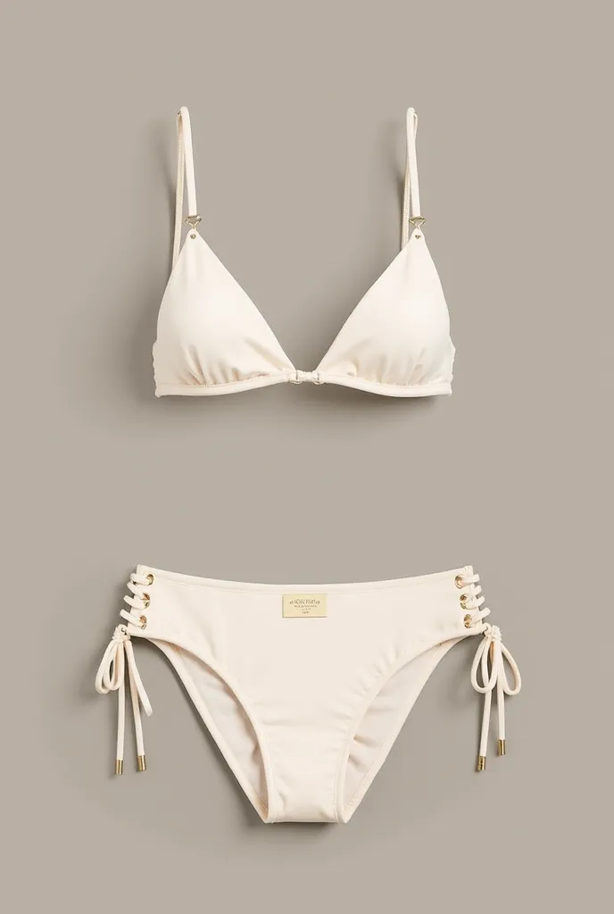 A luxurious and elegant off-white bikini. The top is a classic triangle design with removable padding, featuring thin adjustable straps with small, matte gold details. The fabric is a high-quality, slightly shiny lycra with UV protection and quick-dry tech...