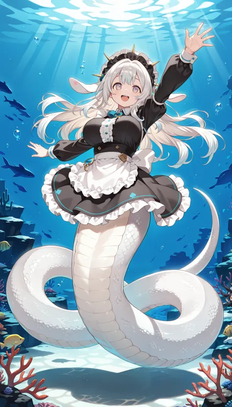 1 girl,  Big Breasts , malice pawn march hare,alone,  Smile,   open mouth  , white maid headdress ,maid outfit,(Underwater:1.2),full body photo,  masterpiece,most,amazing quality,Very Beautiful,Ridiculous,(full five fingers), Lamia,White snake girl tail,no...