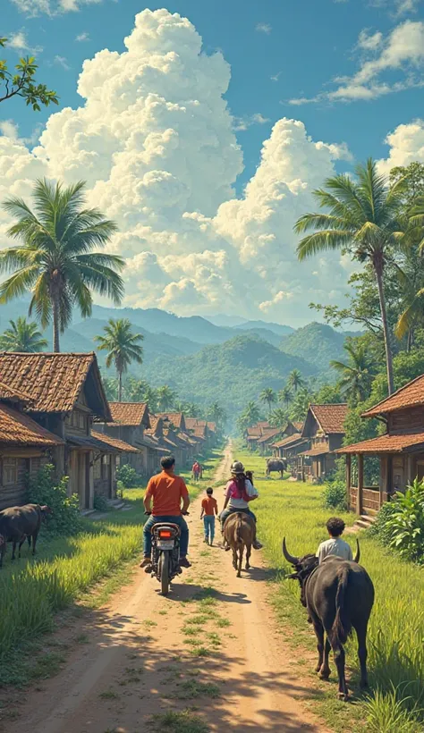 Depicting people returning to the festive village,There are people riding motorcycles and trains..There are many traditional houses in the village.,there's a coconut tree,there are rice fields and there are buffaloes, digital art 