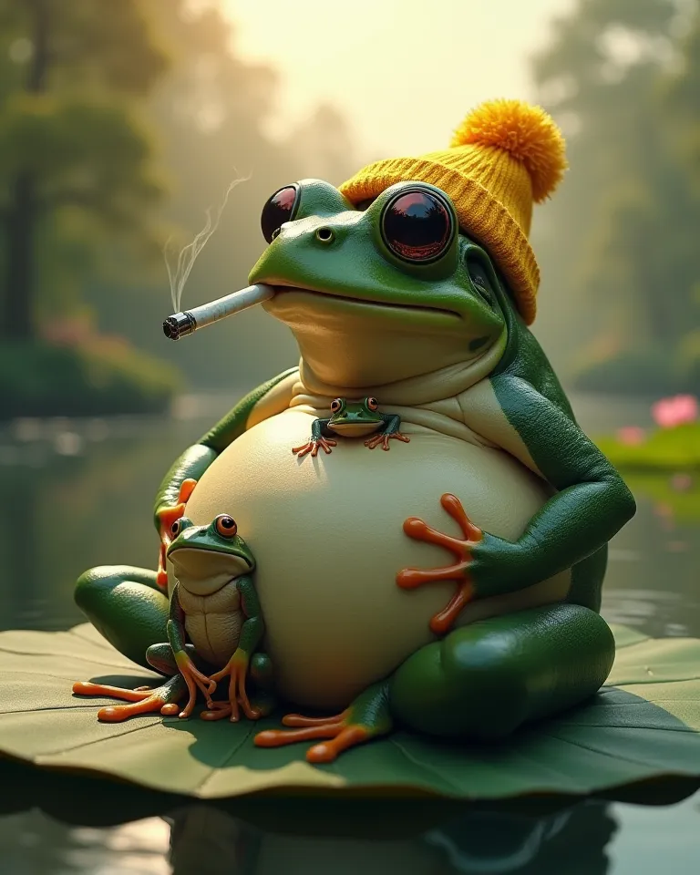 a frog wearing a yellow beanie, sunglasses, while smoking a lit cigarette in his mouth. His belly is fat, lying on his back on a lotus leaf. On the belly of the fat frog, there is a frog doing an acrobatic style, both hands holding his belly, head on his b...