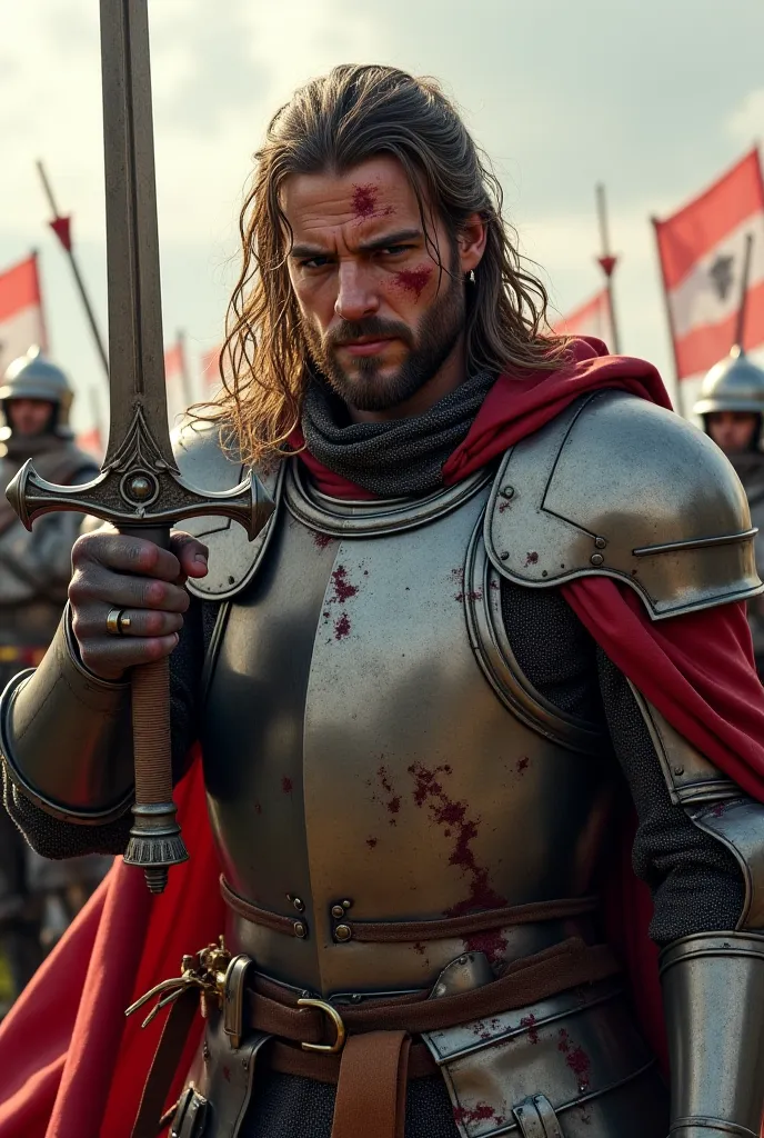 realism: Wounded knight, without a helmet , with long hair blowing a musical horn,in his hand, he holds a broken sword . Armor pierced in several places with arrows.In the background, there is a battle. high detail