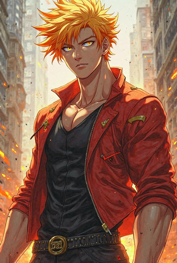 Adult anime my hero academia • Height: 1.80 m
 • Eyes: Yellow with a touch of orange
 • Hair: Blonde with orange tints
 • Complexion: Atletico
 • Traits: rebelde, challenging look.