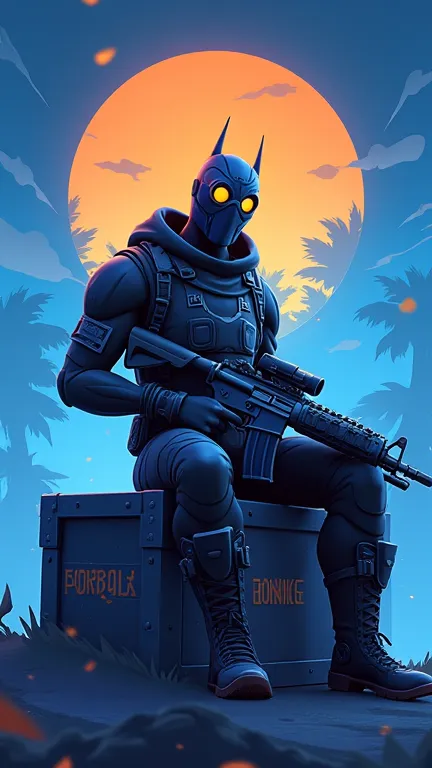 Create a mobile wallpaper with a blue and orange background with the “Fortnite” logo and a map of the game in high relief in the background, Deadpol, with a rifle in his hand and sitting in a Fortnite chest  