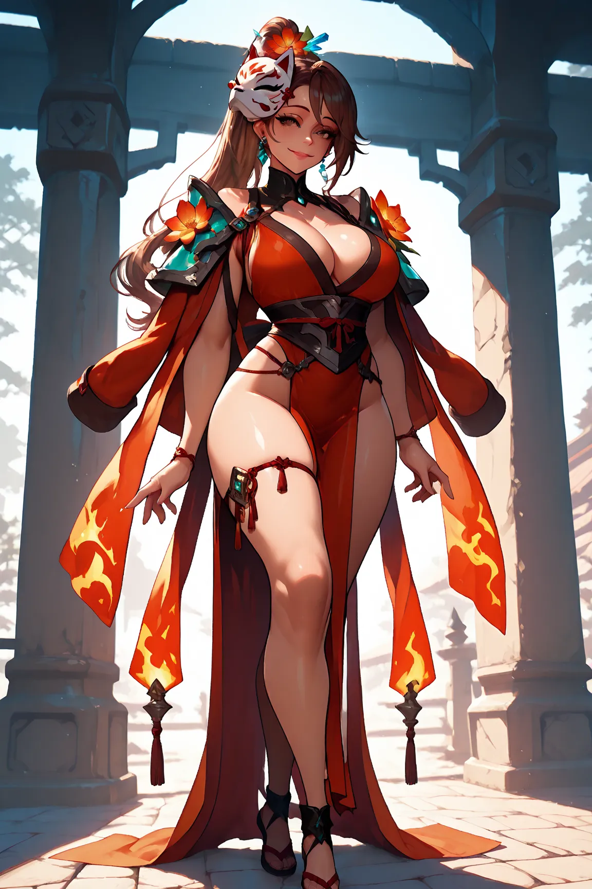  a girl, masterpiece,   breasts, large breasts, Crystal Earrings, Powers of Fire and Earth  , fox mask, Flower on the head, full body, smile ,  brown eyes , mischievous look, brown hair , long hair , the whole body, chaqueta on shoulders, setting a fantasy...