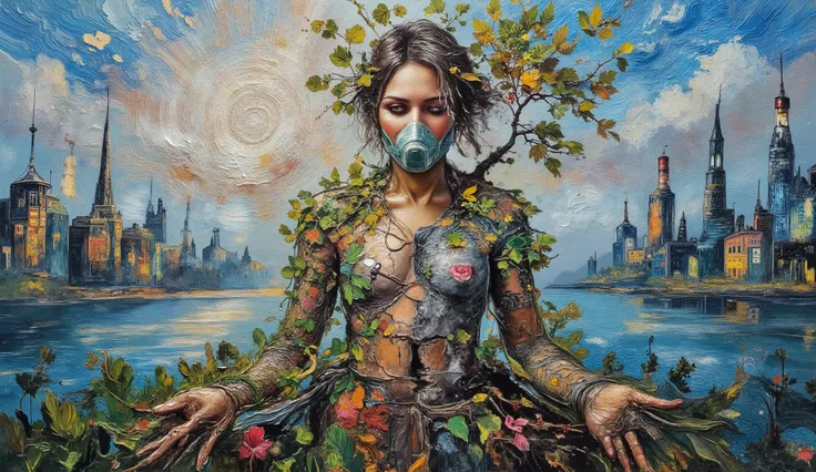 Create a powerful environmental mural depicting a divided Mother Nature figure. One half of her body is vibrant with leaves and flowers growing from her skin, while the other half withers with cracked, gray skin. She wears an oxygen mask connected to the l...
