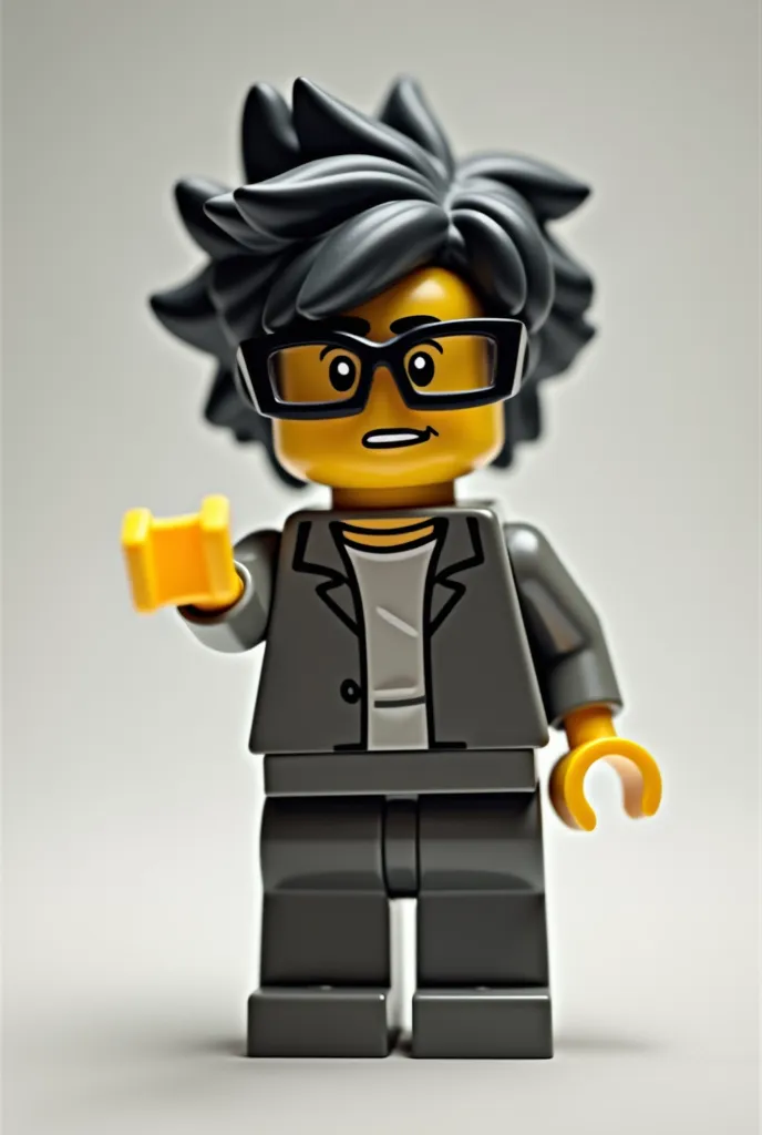 lego figure with black hair and glasses pointing at something