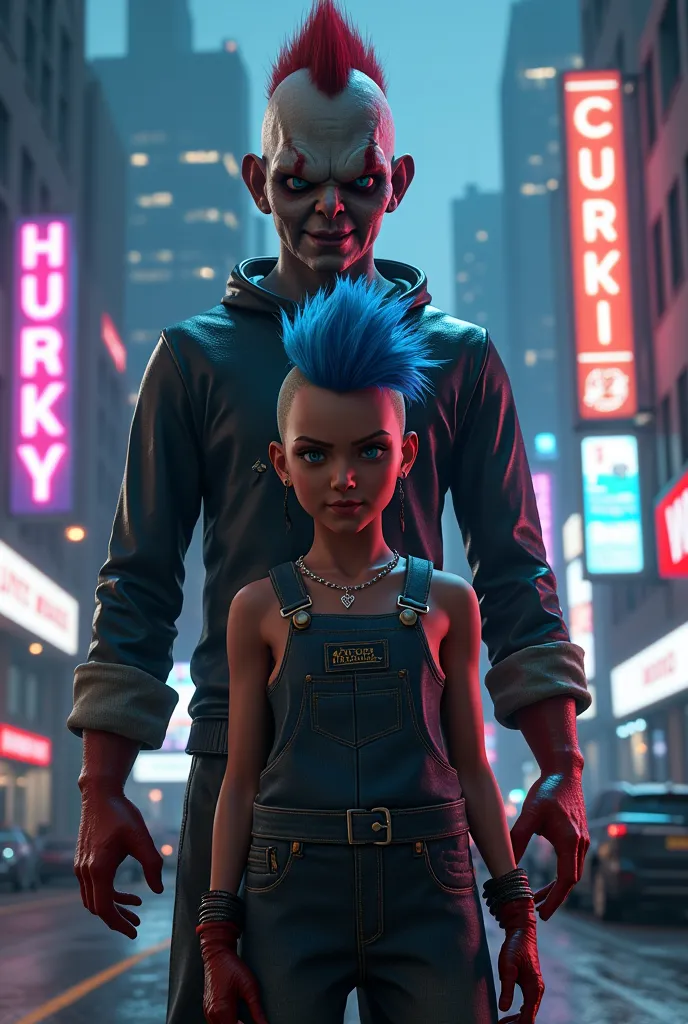 Create an image of the GTA5 game of the character Zoio blue hair Mohawk and the character Chucky with a dark look image in 1920 x 1080