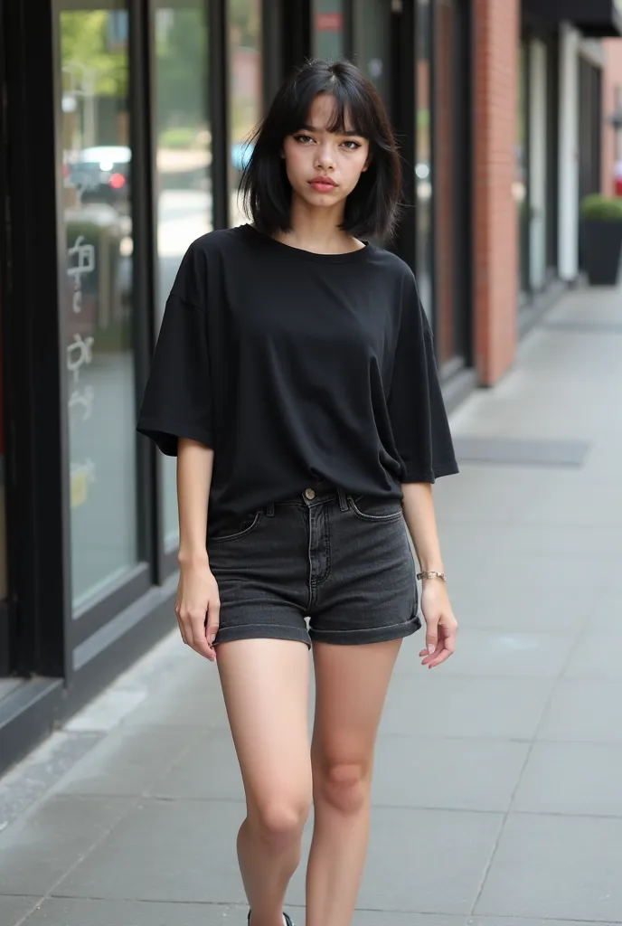 "A casual photo of a young woman from about 20 years with fair skin and black hair, short and with straight fringe. She has a face dark brown eyes with a neutral expression. Her body is athletic and medium height. She is wearing an oversized black t-shirt,...