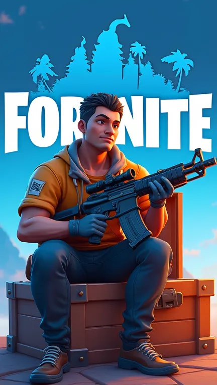 Create a mobile wallpaper with a blue and orange background with the “Fortnite” logo and a map of the game in high relief in the background, Mark Grayson from Invincible, with a rifle in his hand and sitting in a Fortnite chest , The Fortnite logo in the b...