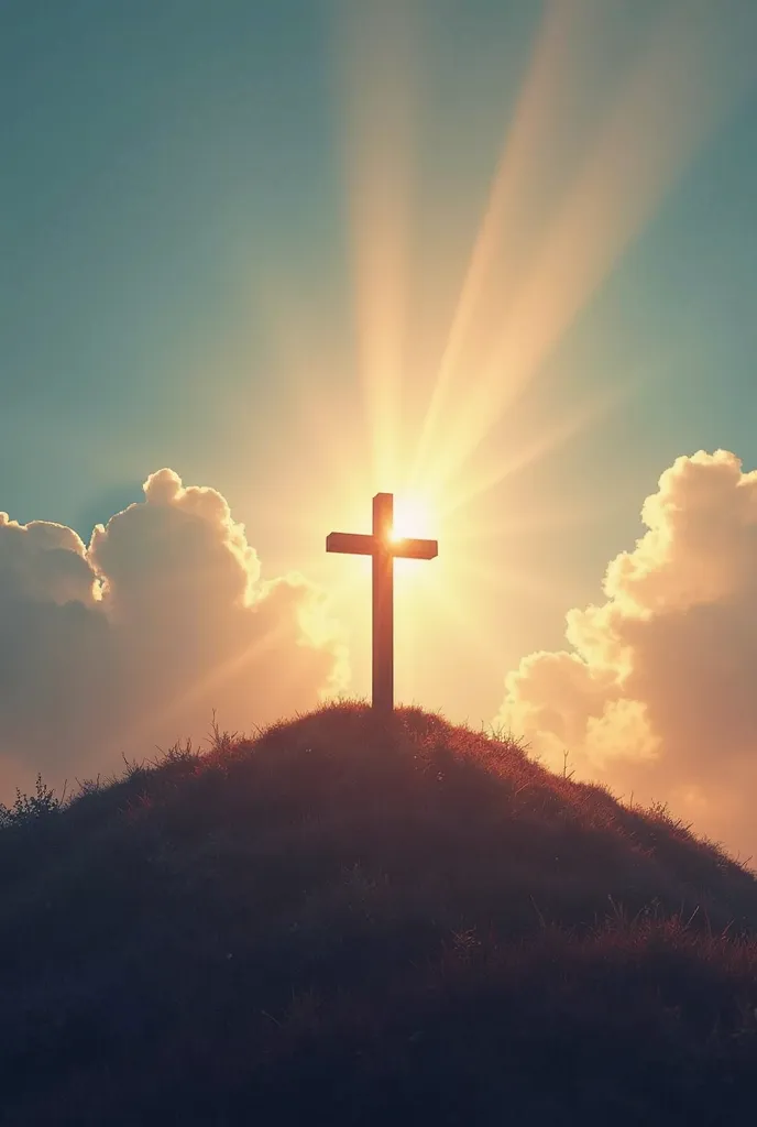 arafed view of a cross on a hill with a sky background, concept art by Aleksander Kobzdej, shutterstock, conceptual art, cross composition, cross, crosses, crucifixion, the lord and savior, shadow of the cross, bright light masterpiece, holy sacred light r...