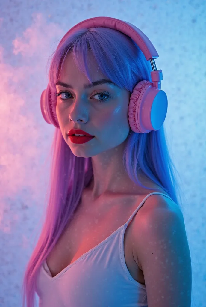 face of a young girl, long straight purple hair, red lipstick, blue eyes, large pink headphones on her head, tight white latex top with a deep neckline, behind her is a light blue background illuminated by neon and pale pink smoke